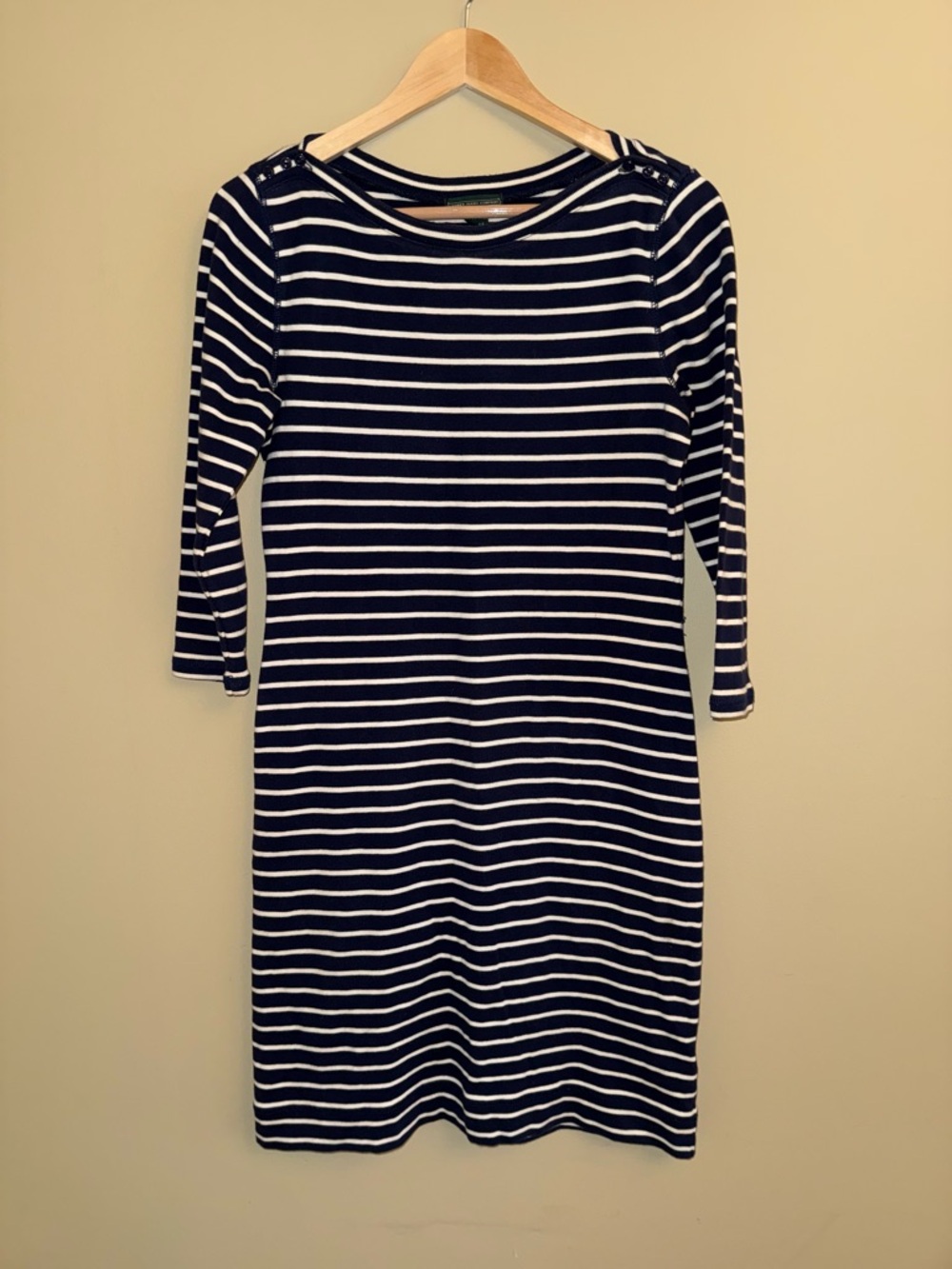 LRL Jeans Co Stripped 3/4 Sleeve Navy Knit Dress Size M Cotton Nautical Comfy